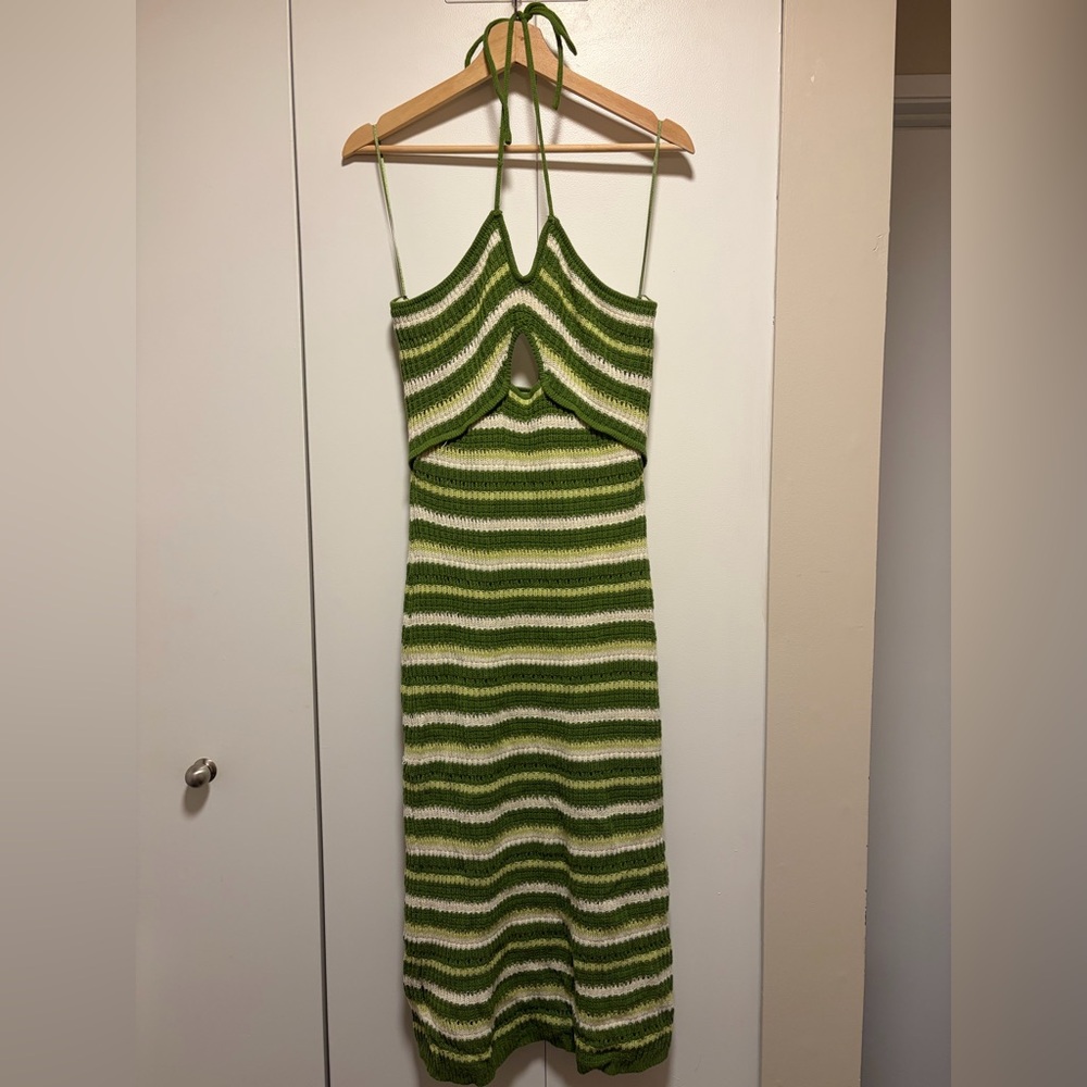 Sincerly Jules Green and White Striped Crochet Midi Dress